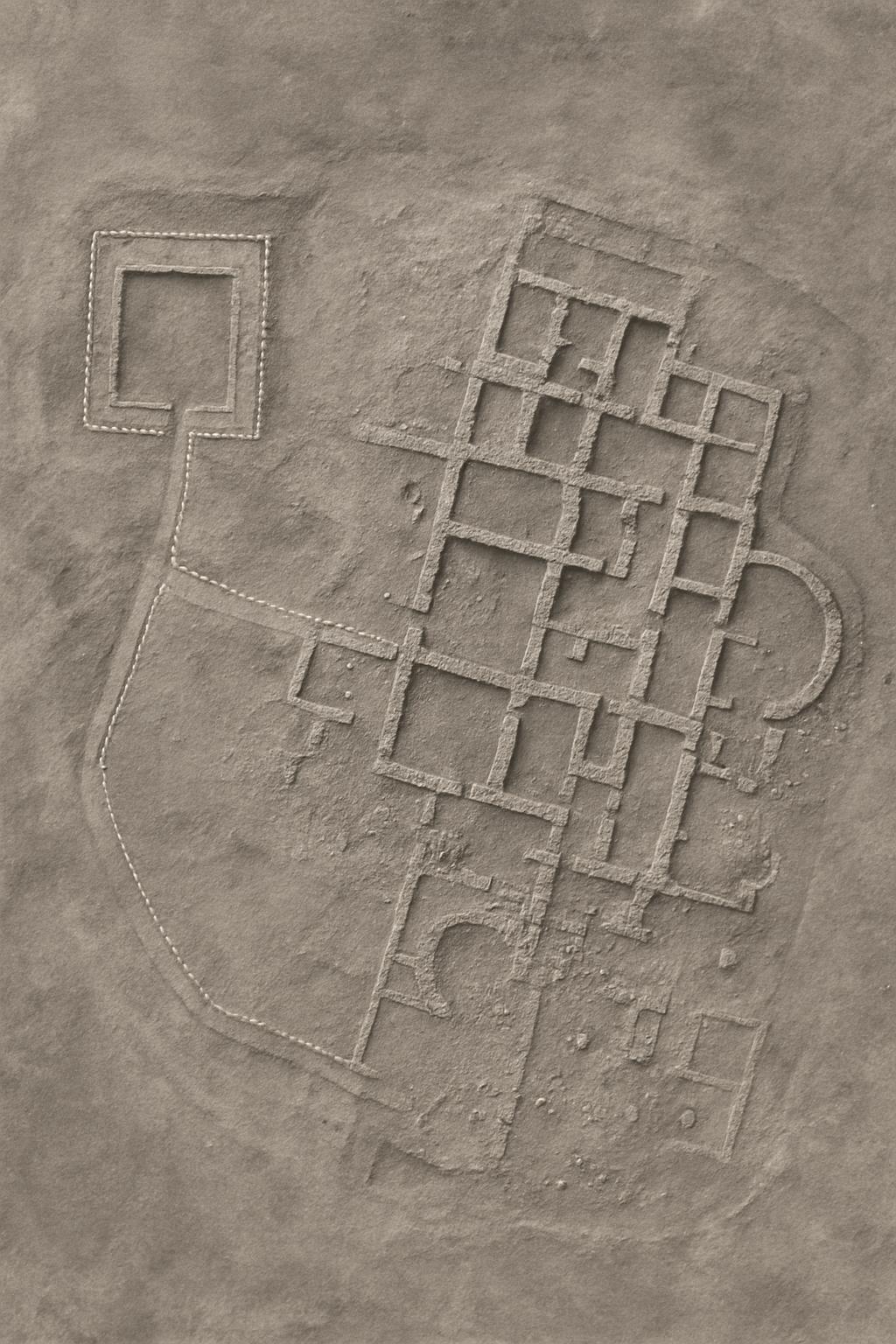 This image depicts a top-down view of a stone or concrete etching of an ancient civilization with a series of meandering p...